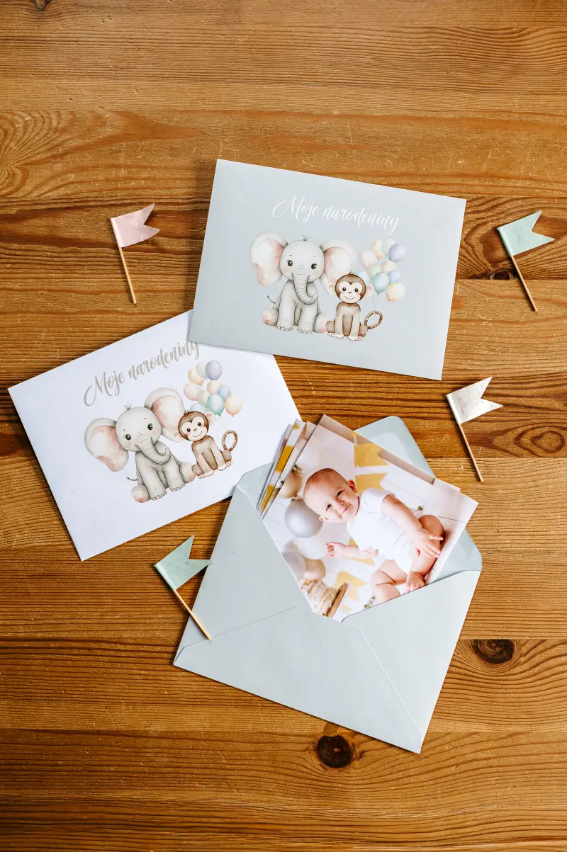 Obálky na fotografie s detským motívom – slony, opičky a balóny
